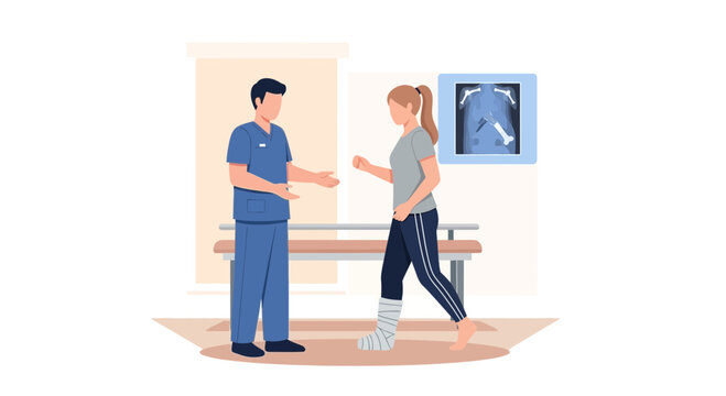 Doctor with patient rehabilitation, fracture healing, medical consultation with x-ray