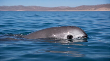 Fototapeta premium Rare Vaquita Porpoise Swimming Calmly in Blue Ocean Water Close Up Wildlife Photography.