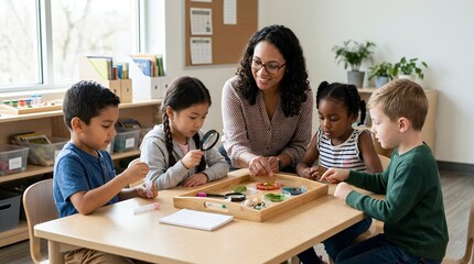 Fototapeta premium A diverse group of young children and their teacher are engaged in a hands-on learning activity at a table in a bright classroom.