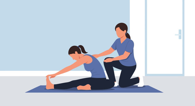 Physical therapist assisting patient with seated hamstring stretch on yoga mat