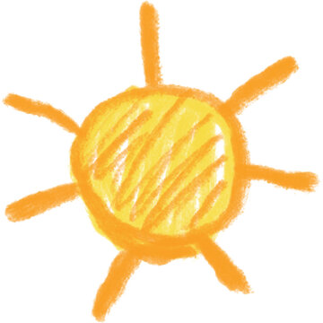Bright yellow sun doodle drawn with crayons isolated