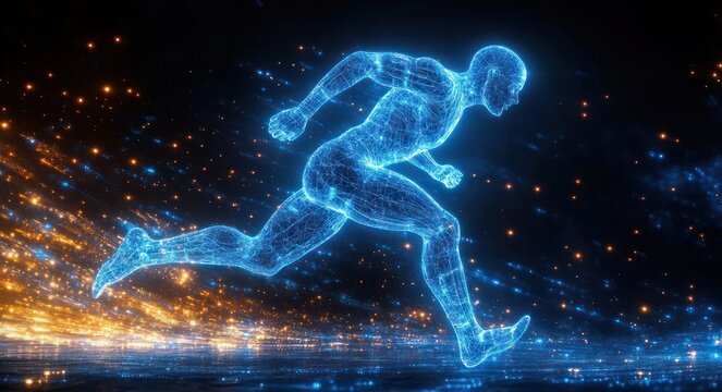 glowing blue wireframe runner sprinting across a reflective surface with orange particle trail, conveying speed, power and determination in a futuristic digital scene
