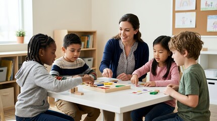 Fototapeta premium A diverse group of young children and their female teacher engaged in a learning activity at a white table in a bright classroom.