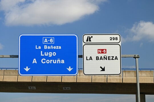 Road sign for exit 298 to La Ba&ntilde;eza on the A-6 motorway, Spain
June 29, 2026