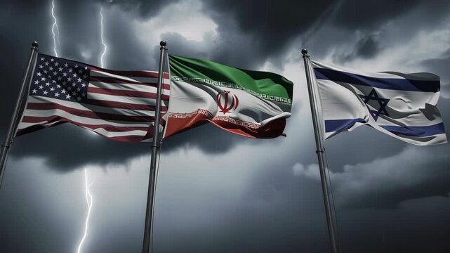 Stormy sky with United States Iran Israel flags fluttering symbolizing international relations and diplomacy