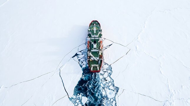 Aerial view of icebreaker ship navigating frozen arctic waters, breaking through ice floes, ship cutting path through thick ice, cold environment, exploration.