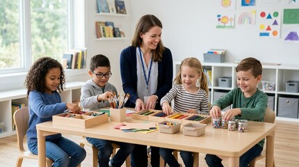 Fototapeta premium Smiling female teacher overseeing four diverse young children engaged in a colorful craft activity at a wooden table in a bright classroom.
