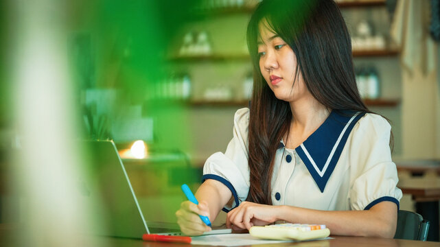 Young Businesswoman Calculating Budget and Writing Notes While Working on Laptop