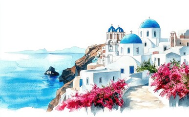 Obraz premium Sunlit Mediterranean cliffside village with whitewashed houses and blue domes, blooming pink bougainvillea, winding path and calm azure sea evoking serene coastal tranquility