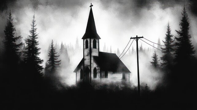 solitary wooden church with steeple and cross in a fog-shrouded pine forest beside a lone telephone pole, eerie black-and-white silhouette conveying haunting solitude