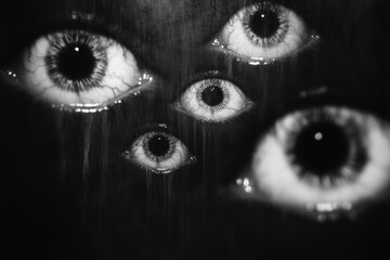 multiple disembodied human eyes floating in darkness with wet tears and dripping streaks creating a haunting, voyeuristic and unsettling mood © Milana