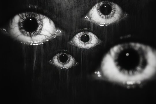 multiple disembodied human eyes floating in darkness with wet tears and dripping streaks creating a haunting, voyeuristic and unsettling mood