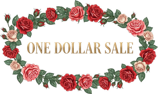 Rose wreath frames the elegant text for a one dollar sale promotion in a beautiful floral design.