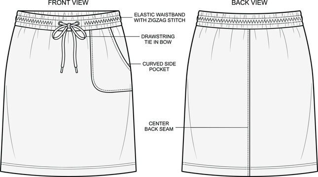 Fashion tech pack template of a women's drawstring skirt featuring front and back views