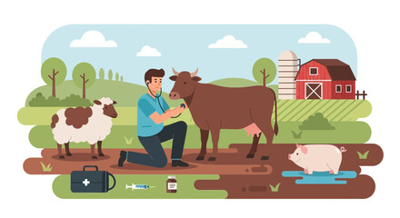Fototapeta premium Veterinarian examining cow with sheep and pig in farm setting illustration
