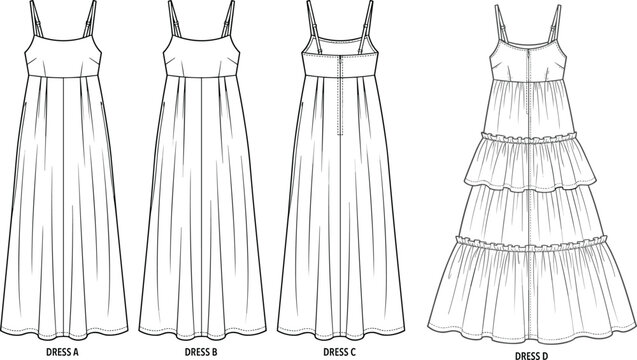 Fashion technical sketch of women maxi dresses with shoulder straps and tiered skirt details