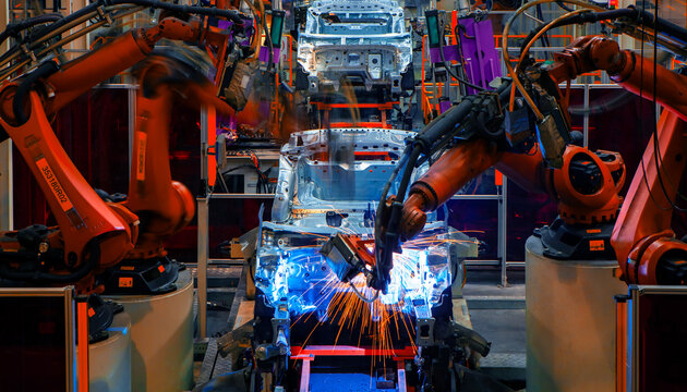 Robotic arms are welding points on the car body on an automated production line.