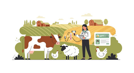 Fototapeta premium Veterinarian uses technology to care for farm animals in a modern landscape