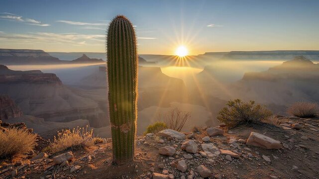 Sunrise over the Grand Canyon with a majestic cactus bathed in golden light nature landscape
