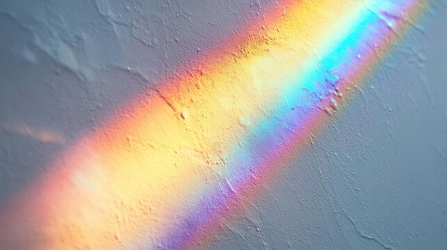 diagonal prism rainbow stretching across a textured plaster wall with soft dreamy colorful light and a serene mood