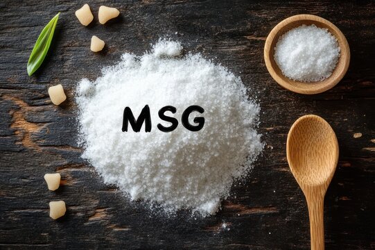 Pile of white crystalline seasoning labeled MSG on dark wooden table with wooden spoon, small bowl of crystals, green leaf and small beige pieces, evoking a rustic kitchen curiosity