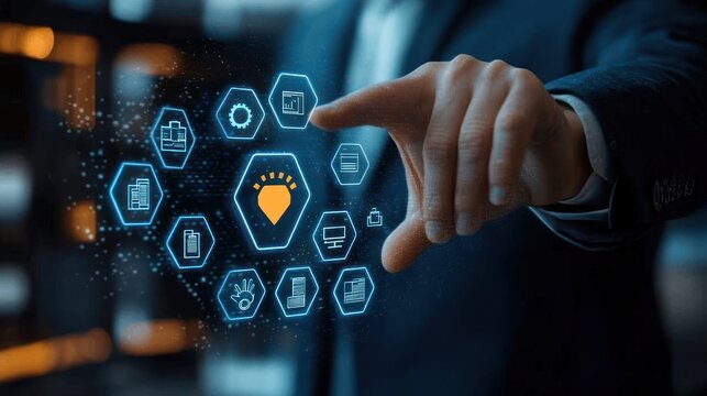 confident professional hand in suit interacting with glowing hexagonal virtual interface showing a central idea lightbulb and digital data icons