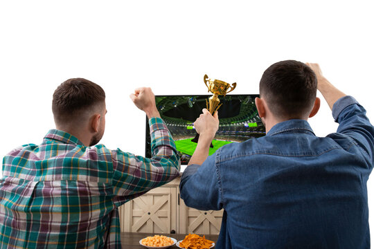 Two fans cheer while watching a football match on TV, PNG