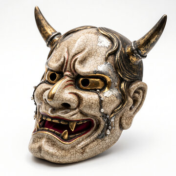 Hyper realistic studio photograph of a Japanese Hannya Noh theater mask rendered in aged porcelain with dark gold gilt detailing