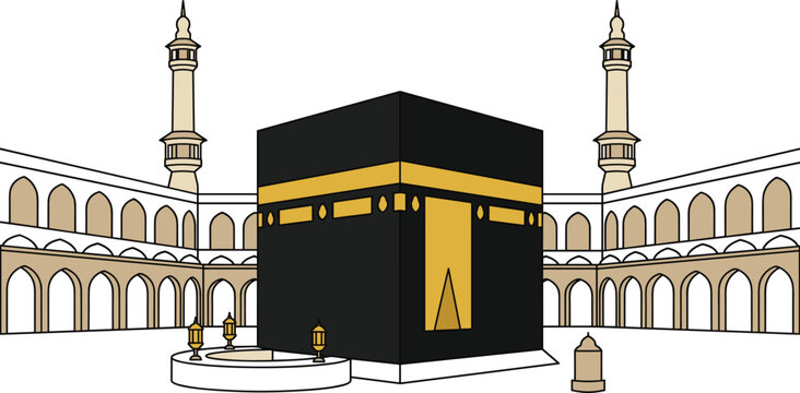 Holy Kaaba in Makkah vector illustration with mosque courtyard arced windows and twin minarets