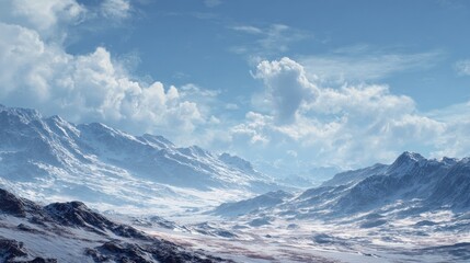 Fototapeta premium Vast snowy mountain range landscape under cloudy blue sky