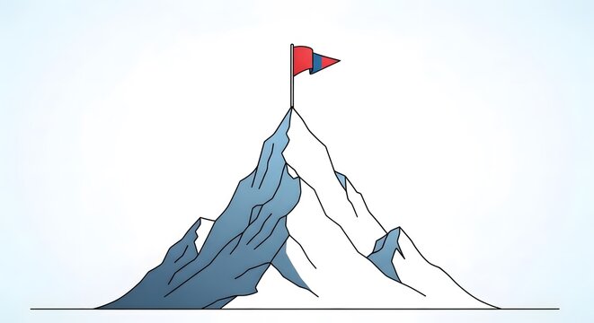 Summit Flag: A red flag waves triumphantly atop a majestic mountain peak, symbolizing the ultimate achievement of a challenging goal.