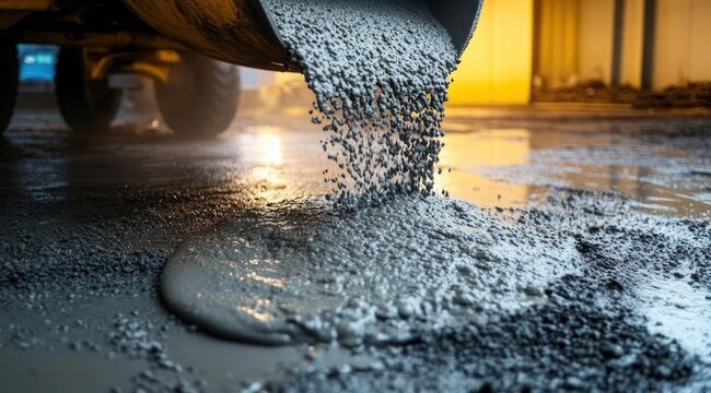 Close-up of wet concrete pouring from a mixer chute onto an industrial floor in a lit warehouse, conveying gritty industrious construction work