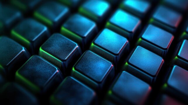 Close-up of blank illuminated keyboard keycaps with blue and teal RGB backlighting and neon accents, sleek futuristic moody atmosphere