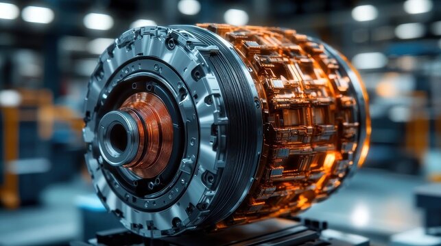 Close-up of a gleaming high-tech electric rotor and copper windings on a precision industrial assembly, glowing orange and evoking futuristic power and engineering excellence