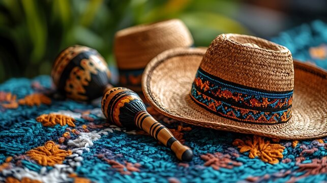 Handcrafted hat and rattle on woven textile