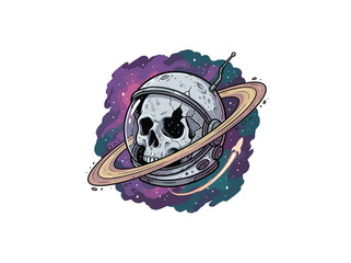 Detailed Illustration Of An Astronaut Skull With Cracked Helmet And Planetary Ring Floating In Purple And Blue Nebula With Stars And Cosmic Debris, Vector Illustration © vector