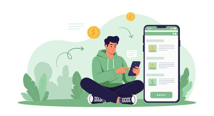 Fototapeta premium Young man using smartphone for online banking, financial app, money transfer, earning money