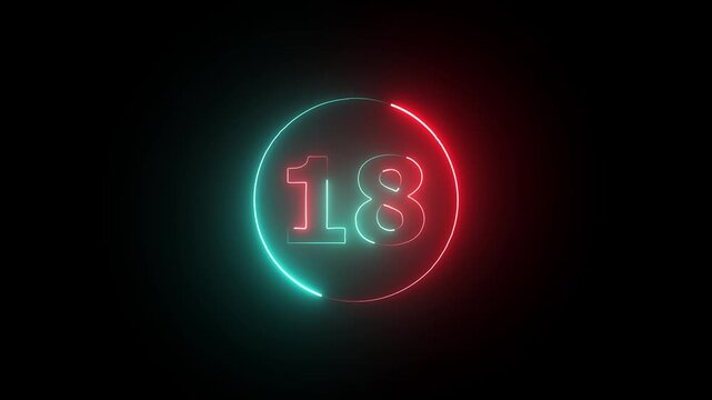 A glowing neon number 18 inside a circular outline, with vibrant blue and pink colors against a black background.
