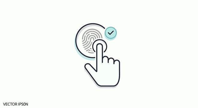 Biometric fingerprint scanner icon with hand touching sensor and checkmark for successful access verification.