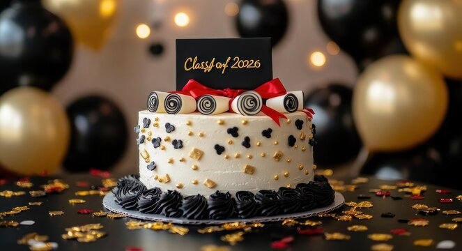 Festive graduation cake with white frosting, black and gold confetti, chocolate swirl toppers, red ribbon bow and 'Class of 2025' sign, surrounded by black and gold balloons and star confetti