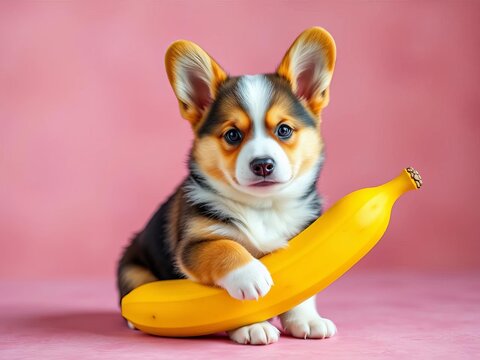 Corgi puppy sitting on yellow banana, adorable face, yellow, corgi