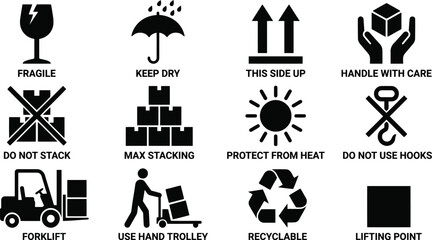 Fototapeta premium Set of shipping and handling symbols for packages including fragile, keep dry, this side up, handle with care.