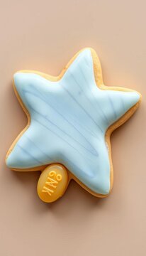 Delicate light blue star shaped cookie with a golden yellow tail, brightcolors, ||goldenyellow
