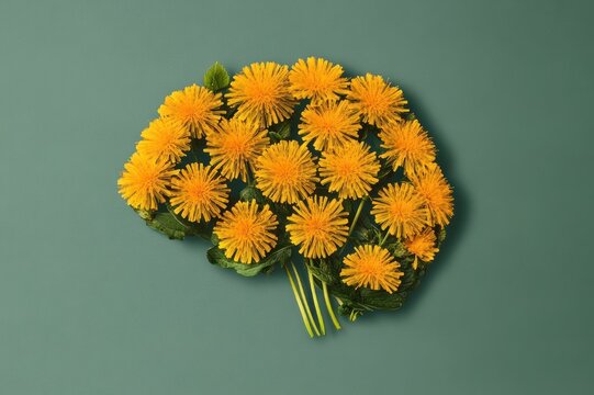 bright yellow dandelion flowers and green leaves arranged in the shape of a human brain on a muted teal background, evoking creativity and springtime joy