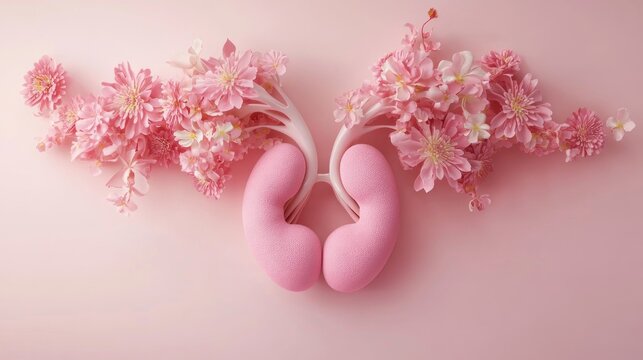 pastel still life of two soft pink bean-shaped forms connected by pale stems and flanked by abundant pale pink blossoms on a gentle pink background, evoking calm renewal