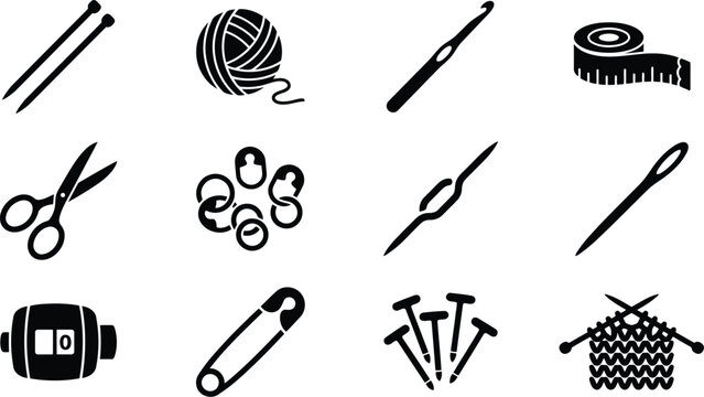 Knitting and sewing crafting tools icons for needle yarn scissors measuring tape safety pin and stitch counter.