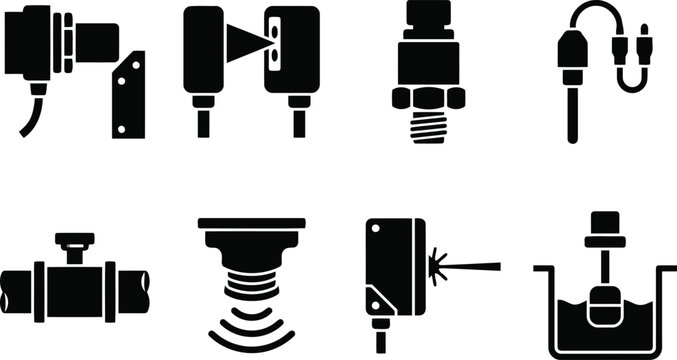 Group of electronic sensors and industrial components icons for automation, detection, and process control systems.