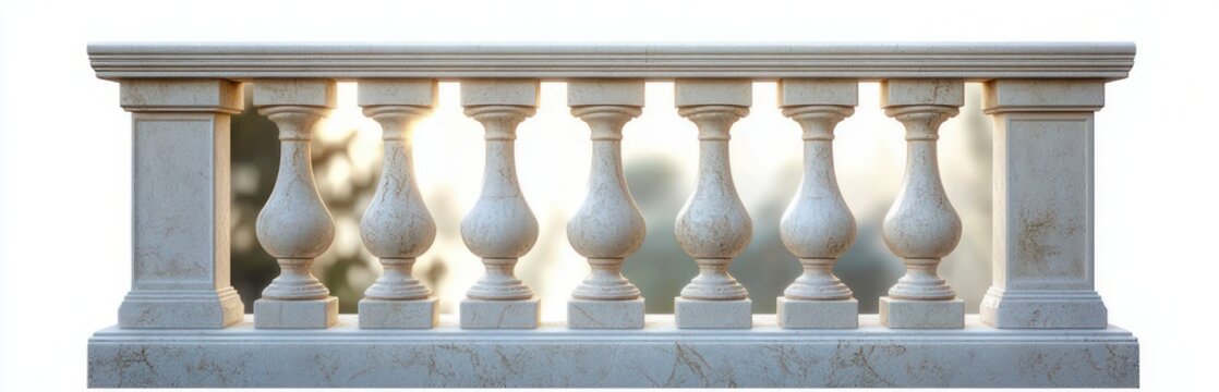 ornate pale stone balustrade with turned balusters and cap rail, sunlit warm glow and serene shadows