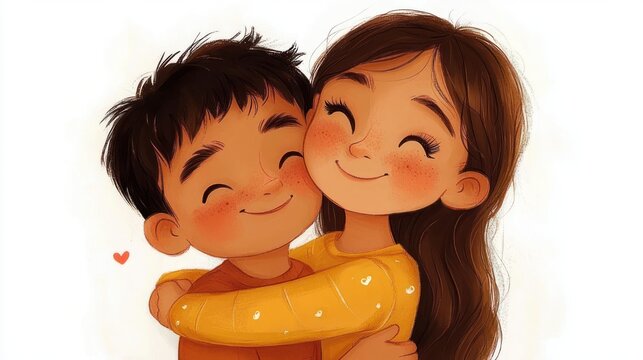 two children embracing: a smiling freckled girl in a yellow heart-patterned sweater hugs another child whose face is pixelated, conveying warmth, tenderness and joyful affection