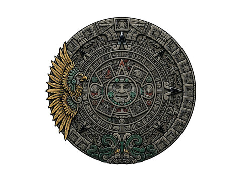 Authentic Aztec Sun Stone Calendar Artwork With Intricate Glyph Carvings, An Eagle Head, And Serpent Motifs In A Circular Design, Vector Illustration
